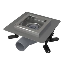 ALCAPLAST APV120 rozsdamentes padlóösszefolyó alacsony 130 × 130 mm vízszintes, rács nélkül, vizes bűzzár