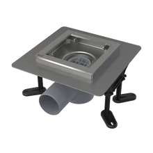 ALCAPLAST APV130 rozsdamentes padlóösszefolyó 130 × 130 mm vízszintes, rács nélkül, vizes bűzzár