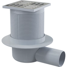 ALCAPLAST APV31 padlóösszefolyó 105 × 105/50 mm vízszintes, rozsdamentes rács, kombinált SMART bűzzár