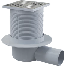 ALCAPLAST APV1 padlóösszefolyó 105 × 105/50 mm vízszintes, rozsdamentes rács, vizes bűzzár