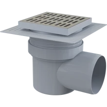 ALCAPLAST APV12 padlóösszefolyó 150 × 150/110 mm vízszintes, rozsdamentes rács, karima a 2.szintű szigeteléshez, vizes bűzzára
