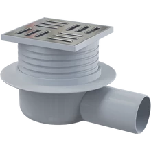 ALCAPLAST APV26 padlóösszefolyó 105 × 105/50 mm vízszintes, rozsdamentes rács, vizes bűzzár
