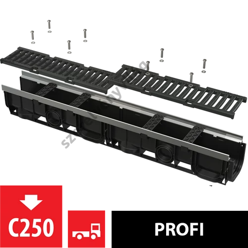 ALCAPLAST AVZ103-R202 Kültéri folyóka 100 mm fém peremmel és öntöttvas ráccsal C250
