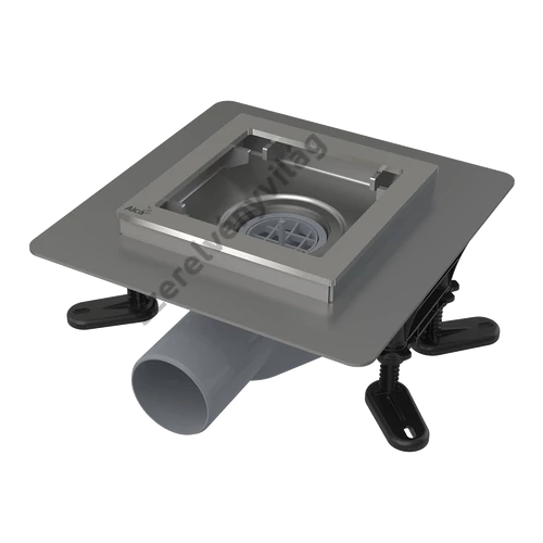ALCAPLAST APV120 rozsdamentes padlóösszefolyó alacsony 130 × 130 mm vízszintes, rács nélkül, vizes bűzzár