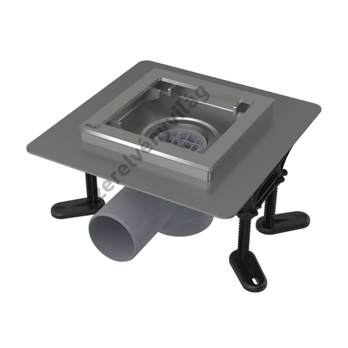 ALCAPLAST APV130 rozsdamentes padlóösszefolyó 130 × 130 mm vízszintes, rács nélkül, vizes bűzzár