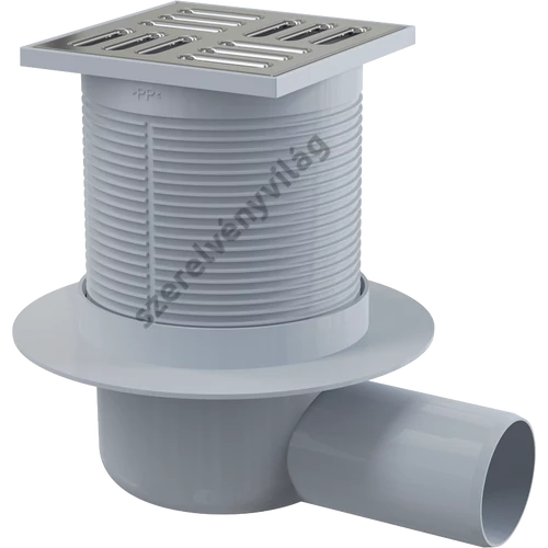 ALCAPLAST APV31 padlóösszefolyó 105 × 105/50 mm vízszintes, rozsdamentes rács, kombinált SMART bűzzár