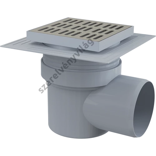 ALCAPLAST APV12 padlóösszefolyó 150 × 150/110 mm vízszintes, rozsdamentes rács, karima a 2.szintű szigeteléshez, vizes bűzzára