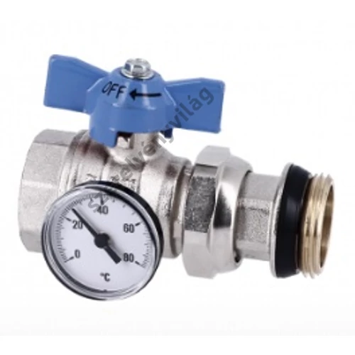 GENERAL FITTINGS nikkelezett golyóscsap külső menetes hollandival hőmérővel 1" (kék)