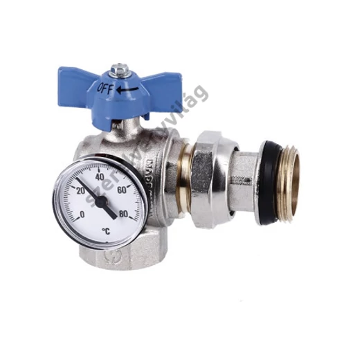 GENERAL FITTINGS nikkelezett golyóscsap sarok külső menetes hollandival hőmérővel 1" (kék)