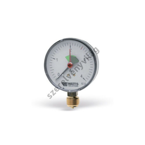 WATTS nyomásmérő zárt fűtési rendszerekhez, zöld mezővel és piros referenciamutatóval számlapon